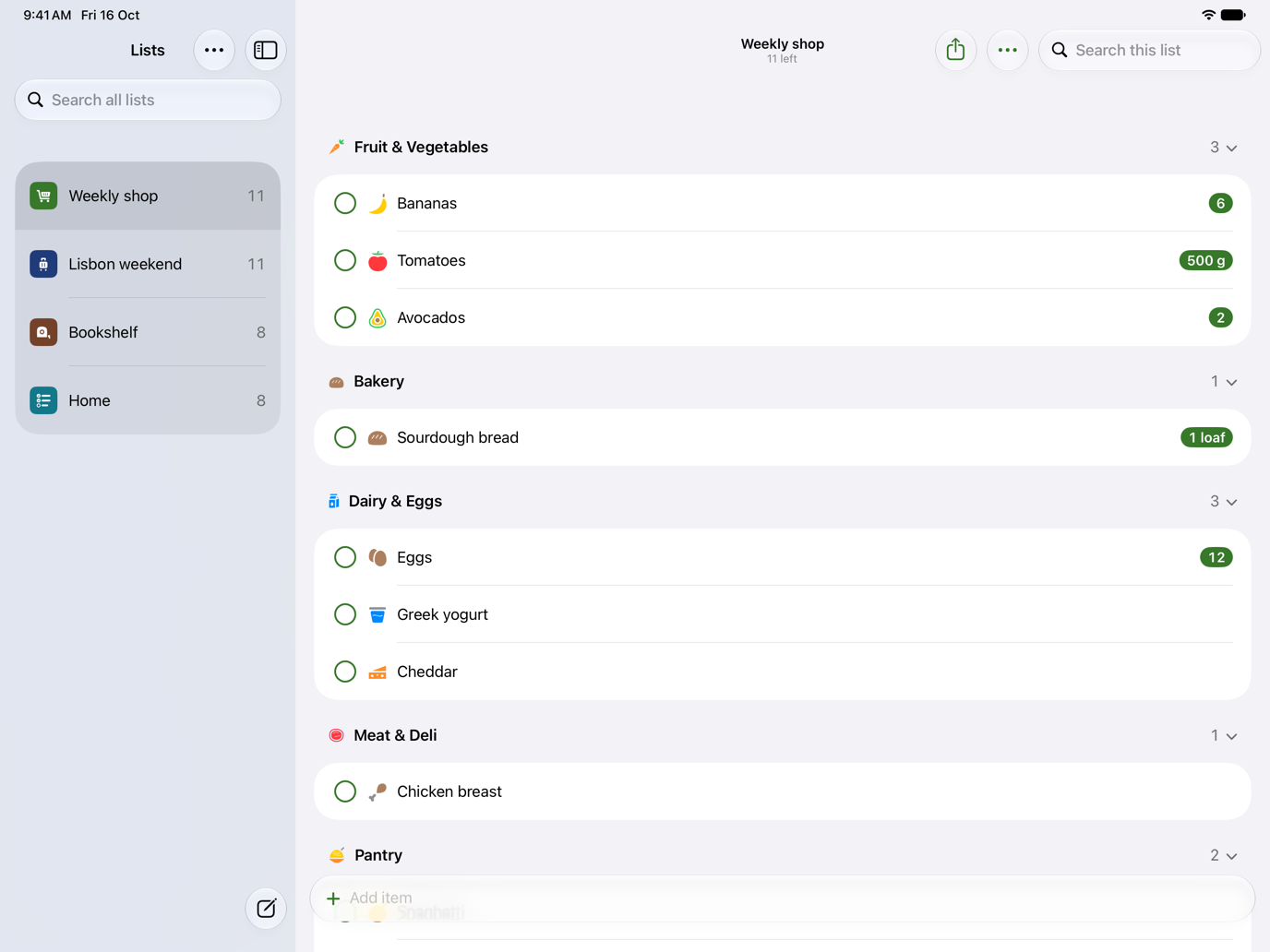 Pera on iPad: four lists in the sidebar and the Weekly shop list open beside them.
