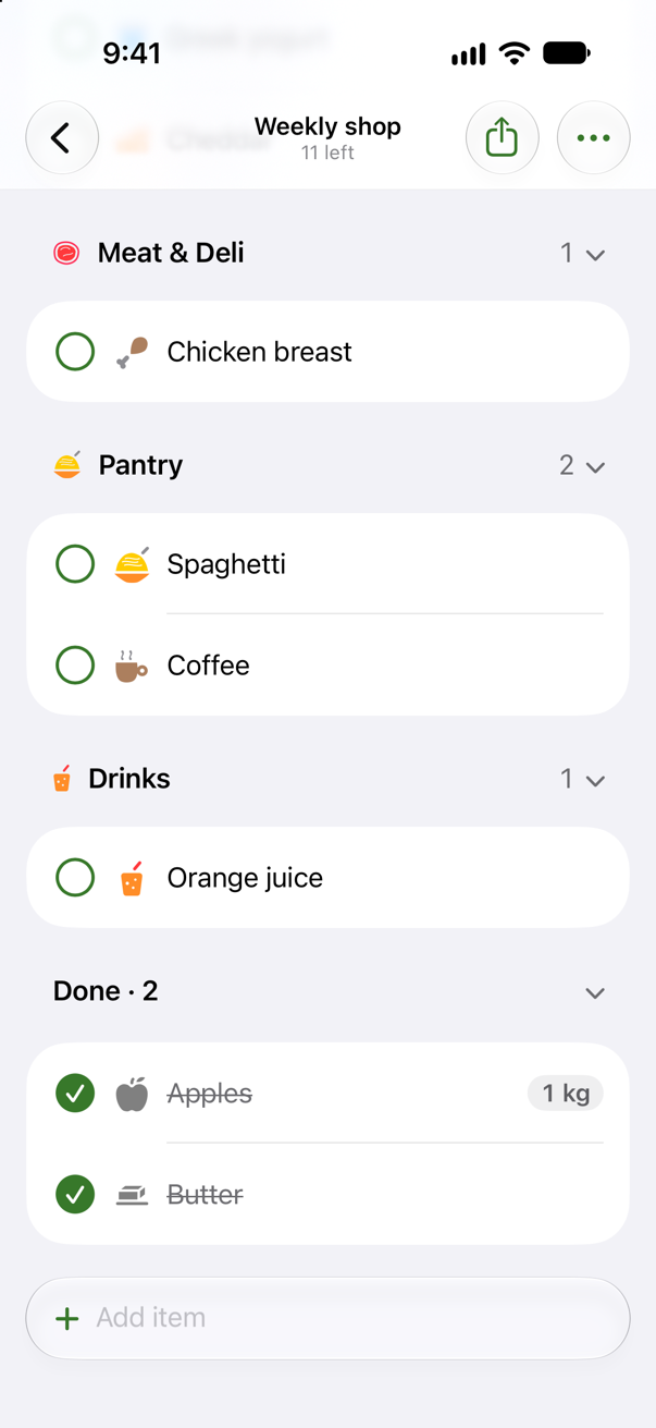 Pera on iPhone: the Weekly shop list, in sections, each item with its own icon; butter and apples are checked off.
