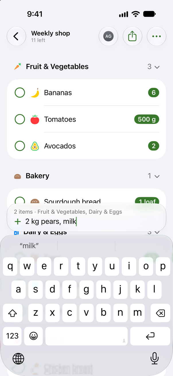 A shared Weekly shop list on iPhone, with “2 kg pears, milk” typed in the Add bar.