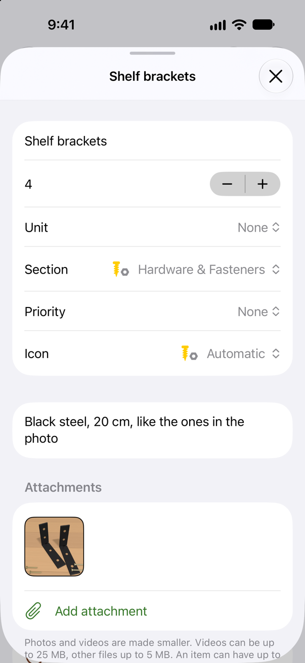 The item Shelf brackets open on iPhone: 4 of them, in Hardware & Fasteners, with a note (black steel, 20 cm) and a photo of the brackets.