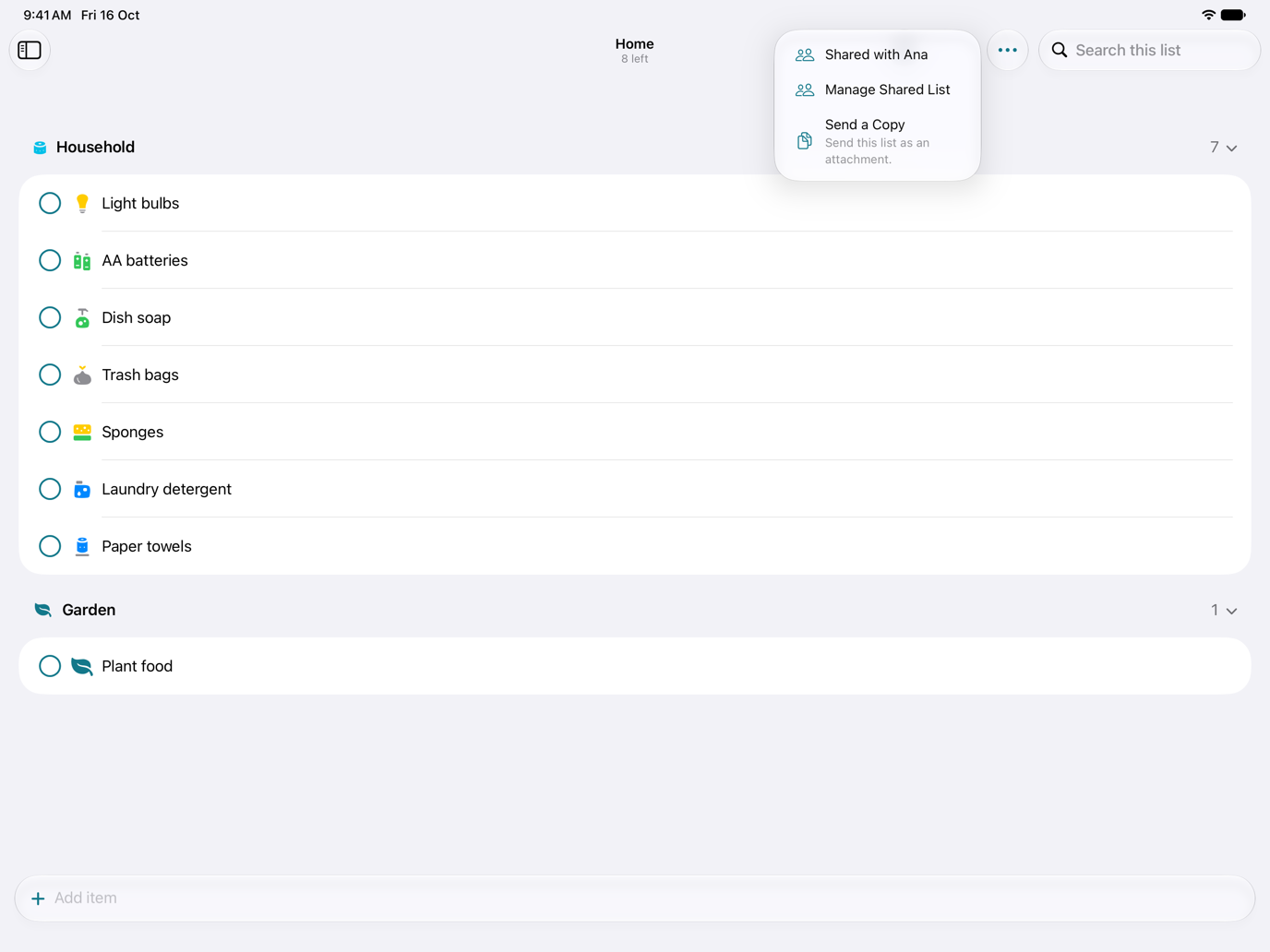 A shared Home list on iPad, with the Share menu open: Shared with Ana, Manage Shared List, Send a Copy.