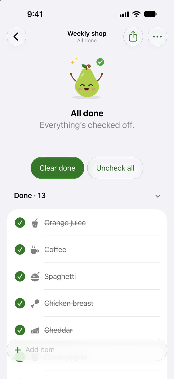 A list with every item checked off: the pear and the words All done.
