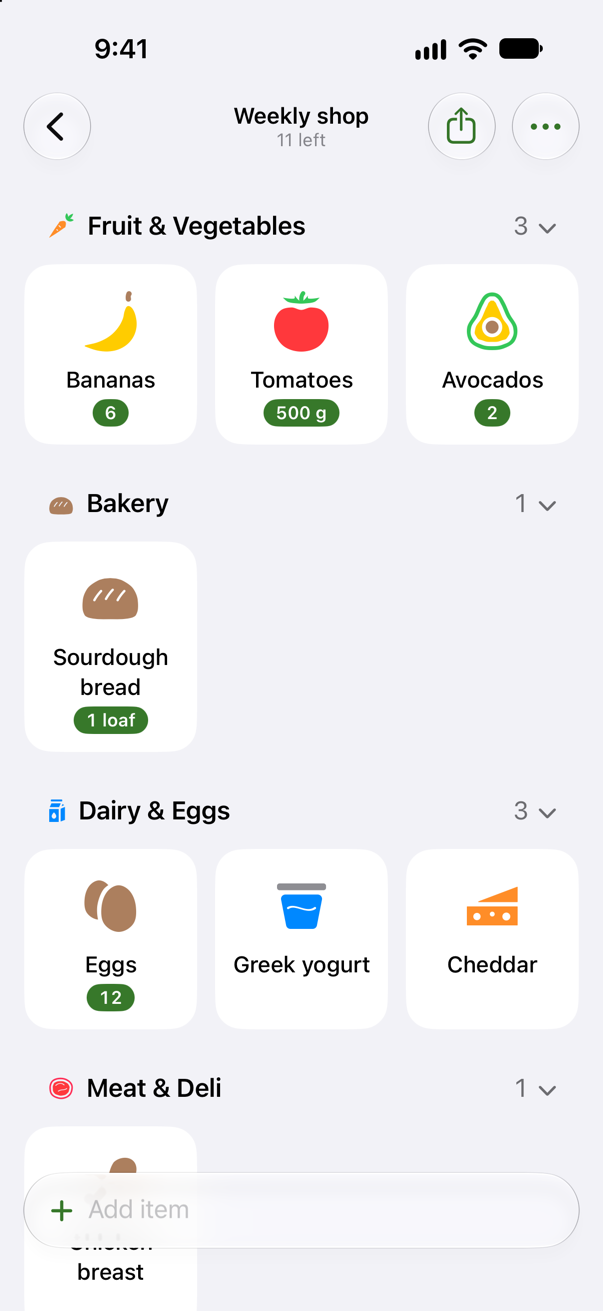 The Weekly shop list shown as icons, one tile per item.