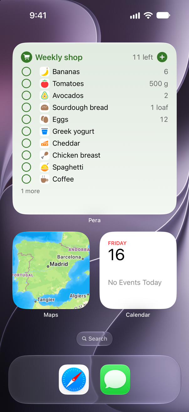Pera’s List widget on the iPhone Home Screen, showing what’s left on Weekly shop.